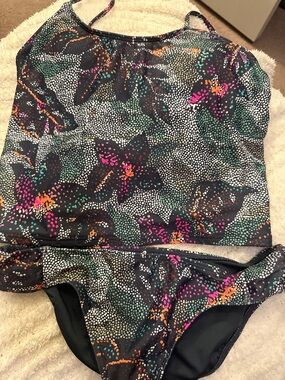 O'Neill Girls Black Floral Tankini with Pink, Green & Orange Accents